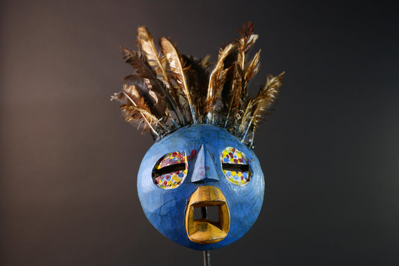 African tribal Bobo mask blue face wall decor with feathers spirit mask Burkina Faso ceremonial art sculpture handmade carving-G5430