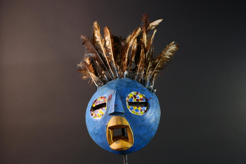 African tribal Bobo mask blue face wall decor with feathers spirit mask Burkina Faso ceremonial art sculpture handmade carving-G5430