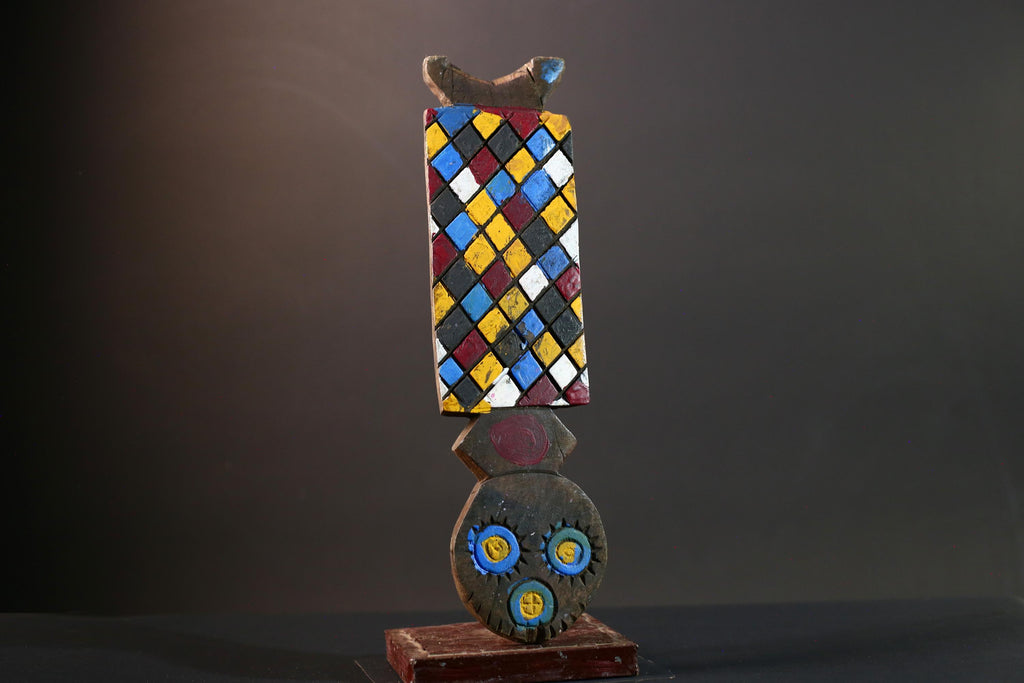 African Bwa mask tribal wall decor colorful checker panel owl face carving from Burkina Faso vertical handmade ritual sculpture-G5433