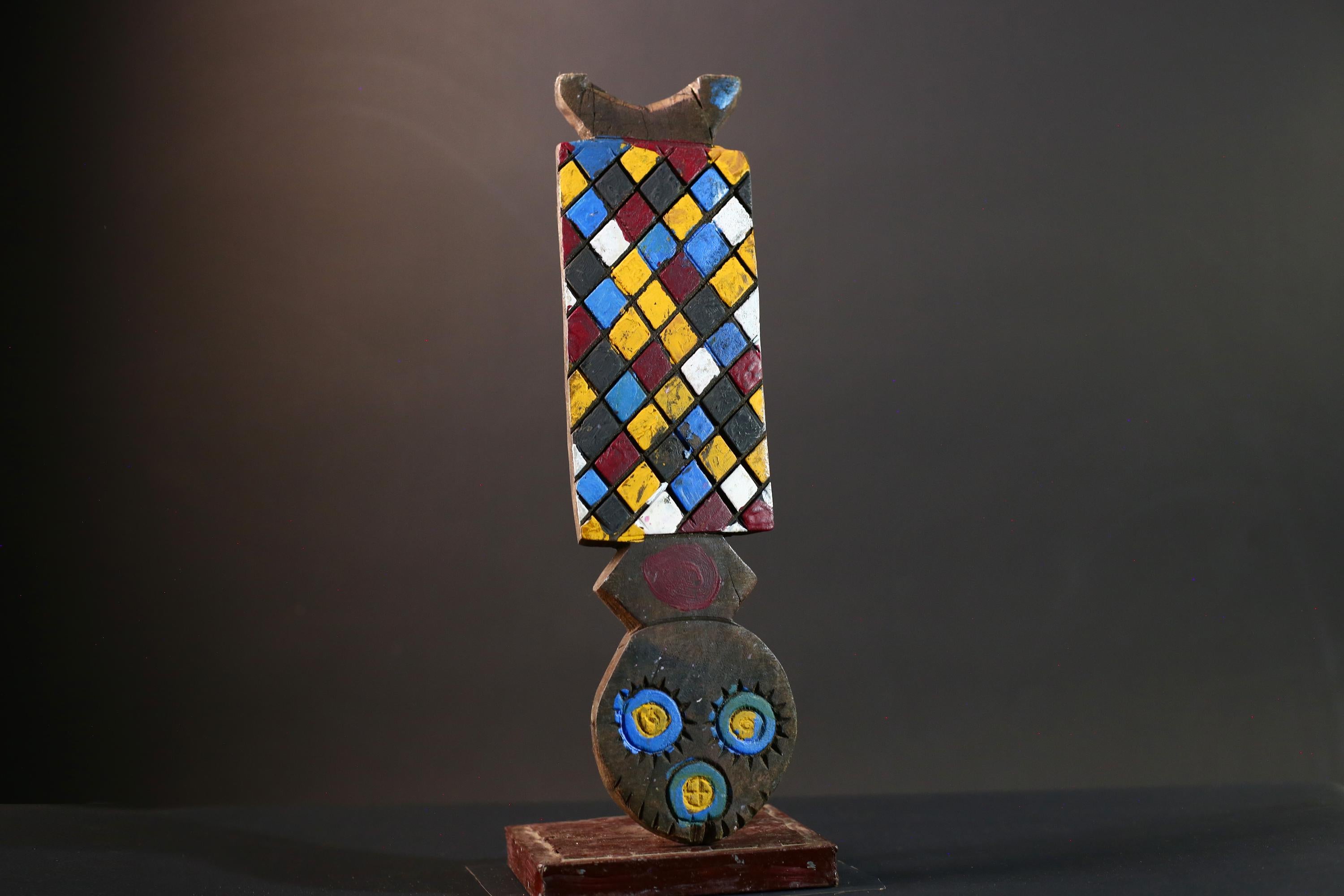 African Bwa mask tribal wall decor colorful checker panel owl face carving from Burkina Faso vertical handmade ritual sculpture-G5433