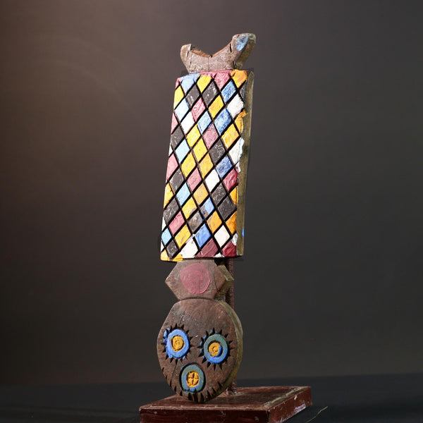 African Bwa mask tribal wall decor colorful checker panel owl face carving from Burkina Faso vertical handmade ritual sculpture-G5433