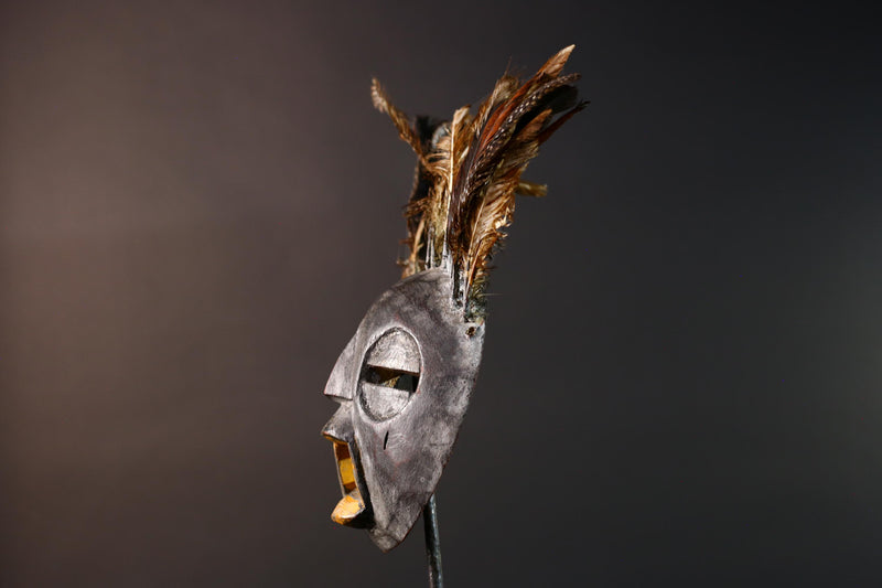 Bobo tribal feathered mask African wall decor from Burkina Faso round face ceremonial wood carving rustic spiritual sculpture-G5434