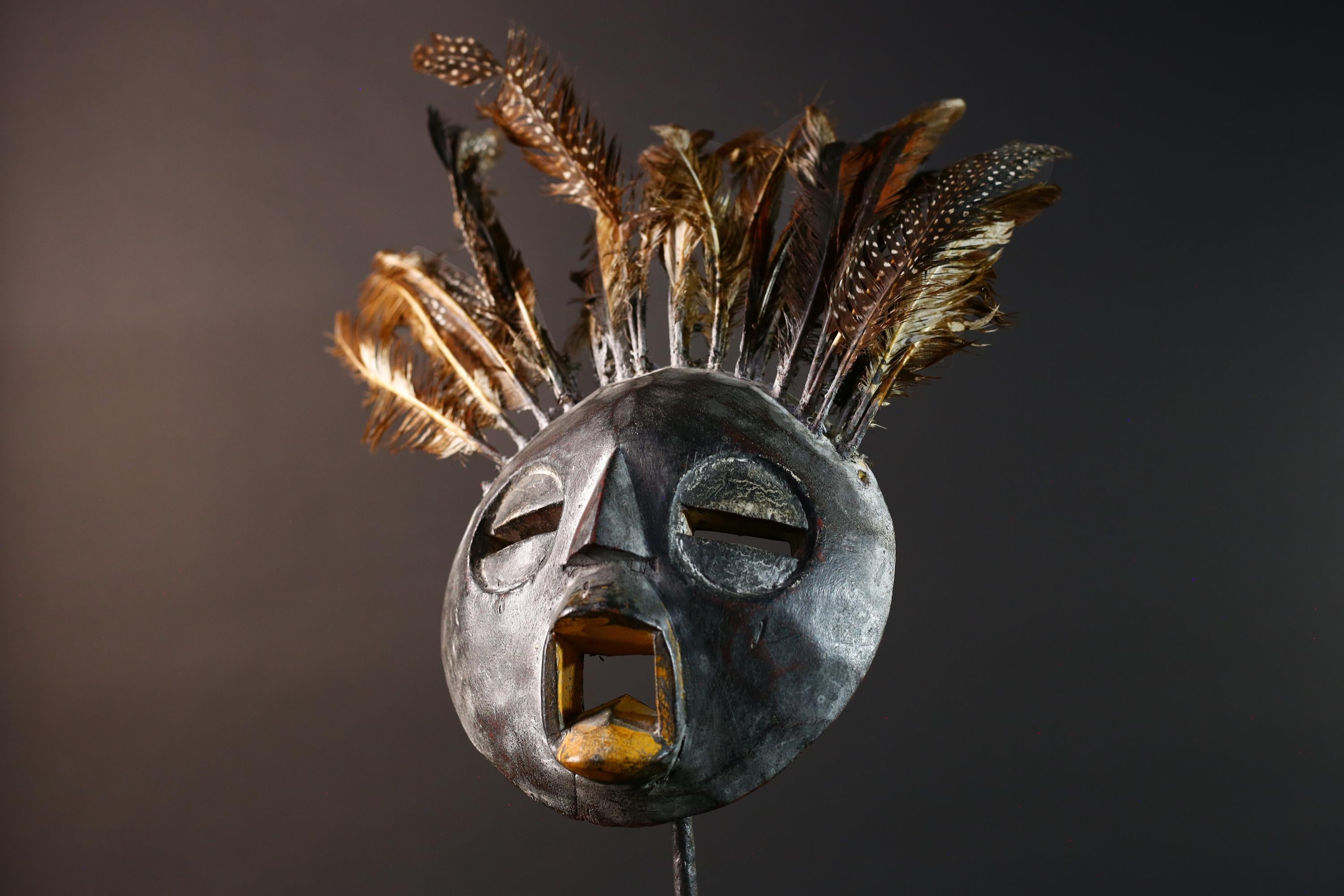 Bobo tribal feathered mask African wall decor from Burkina Faso round face ceremonial wood carving rustic spiritual sculpture-G5434