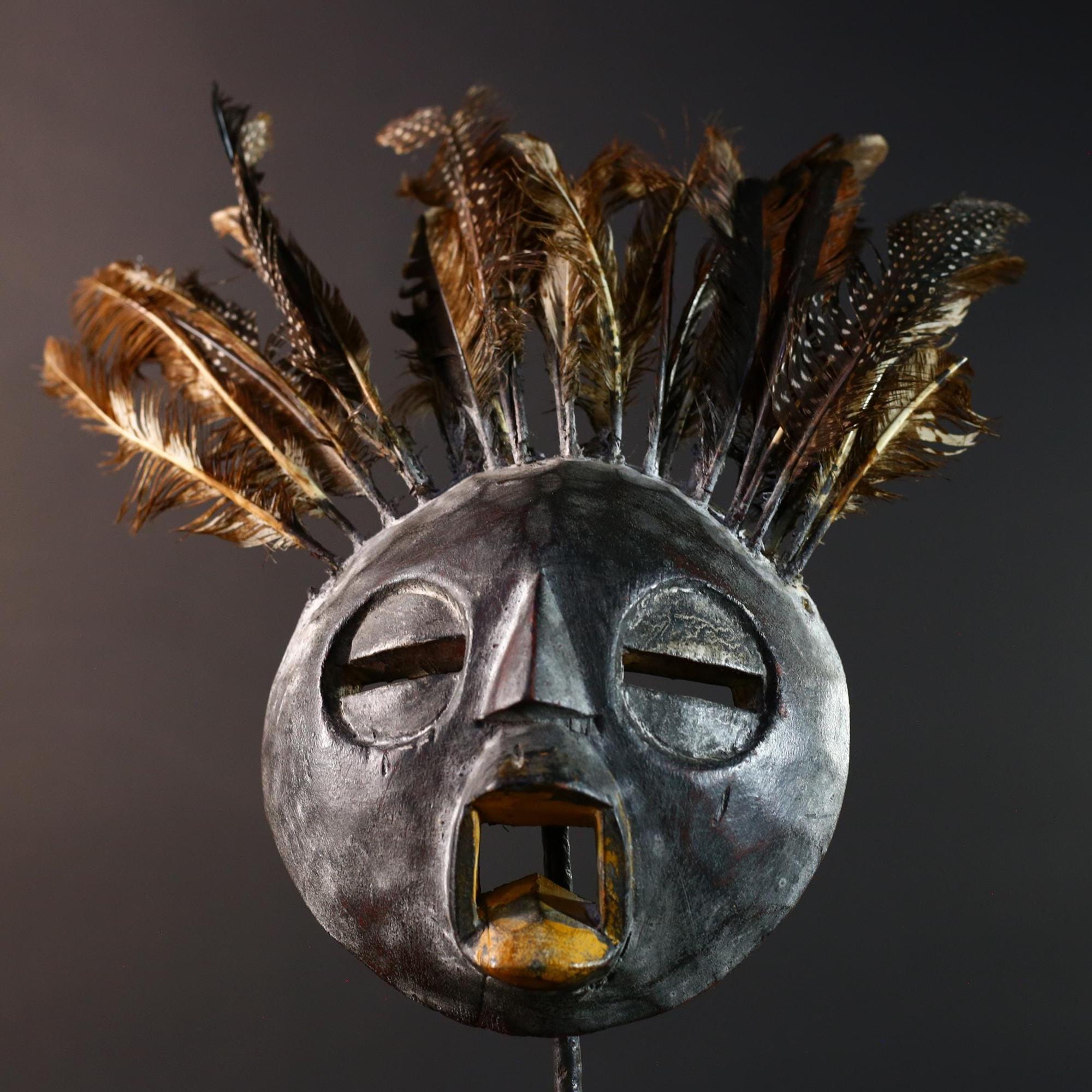 Bobo tribal feathered mask African wall decor from Burkina Faso round face ceremonial wood carving rustic spiritual sculpture-G5434