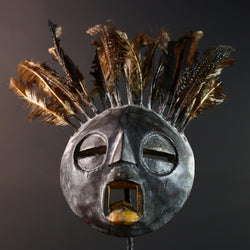Bobo tribal feathered mask African wall decor from Burkina Faso round face ceremonial wood carving rustic spiritual sculpture-G5434