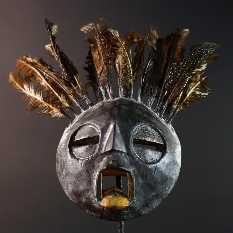 Bobo tribal feathered mask African wall decor from Burkina Faso round face ceremonial wood carving rustic spiritual sculpture-G5434