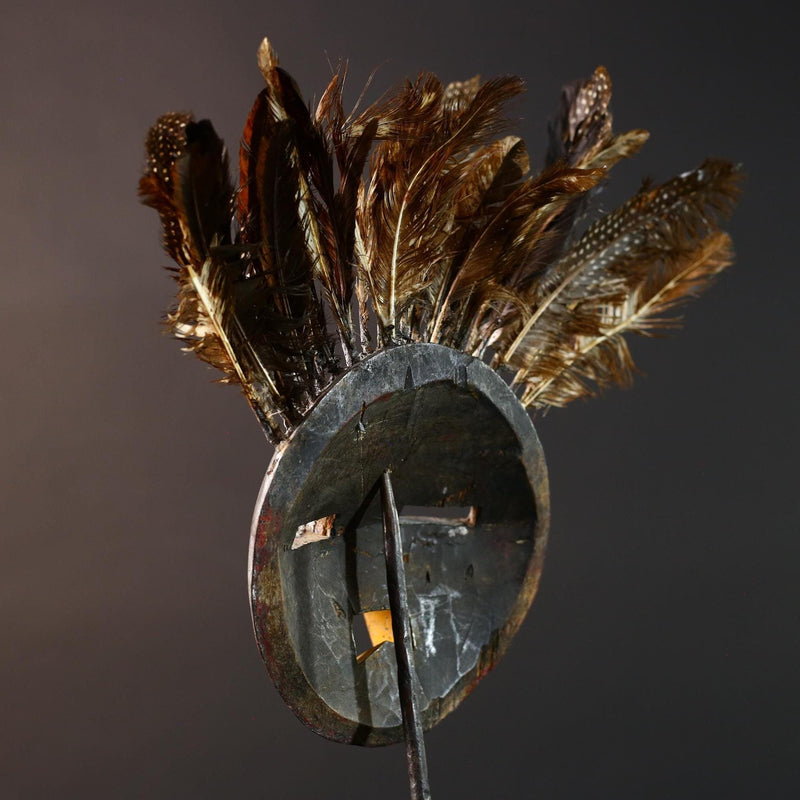 Bobo tribal feathered mask African wall decor from Burkina Faso round face ceremonial wood carving rustic spiritual sculpture-G5434