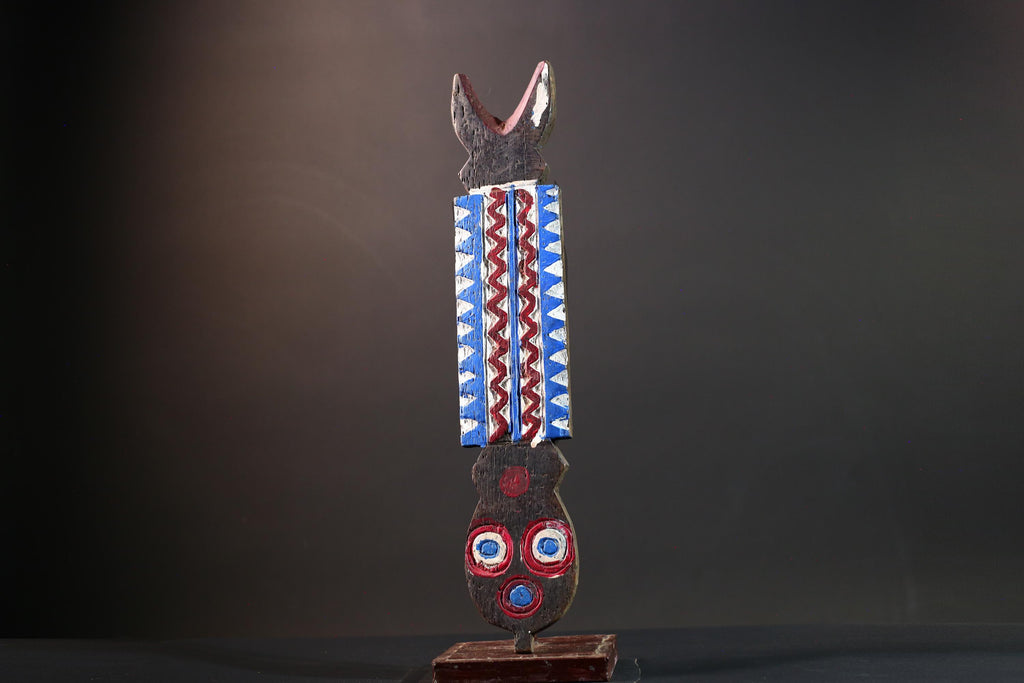 Bwa African mask geometric wall art tribal spirit carving with red blue white pattern from Burkina Faso vertical ceremonial decor-G5435