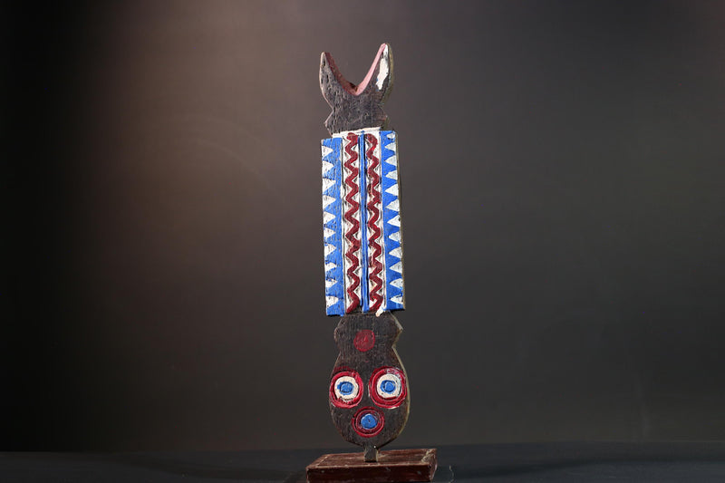 Bwa African mask geometric wall art tribal spirit carving with red blue white pattern from Burkina Faso vertical ceremonial decor-G5435