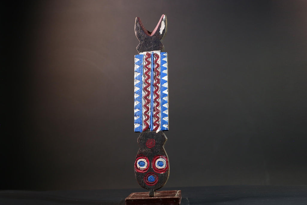 Bwa African mask geometric wall art tribal spirit carving with red blue white pattern from Burkina Faso vertical ceremonial decor-G5435