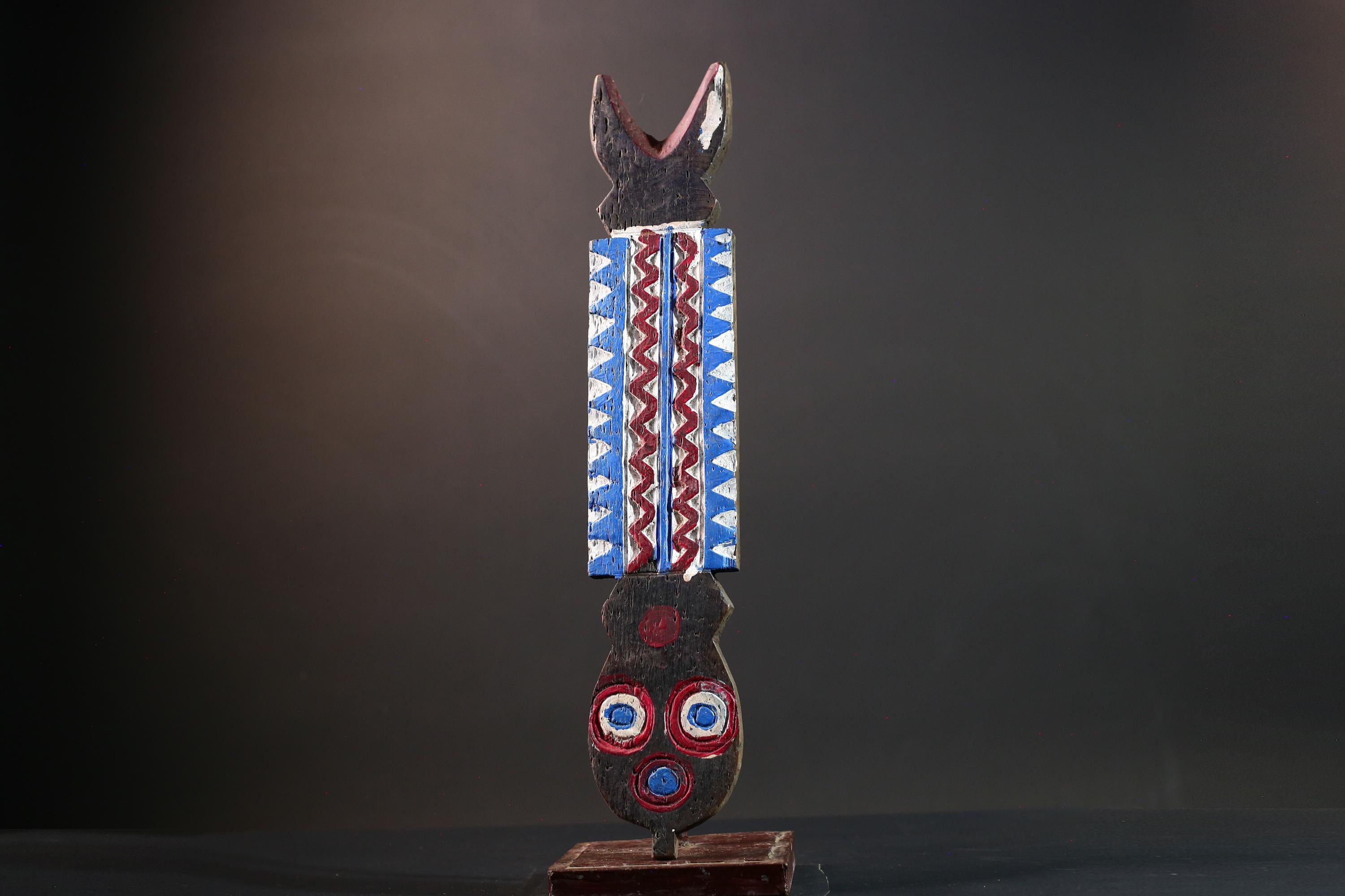 Bwa African mask geometric wall art tribal spirit carving with red blue white pattern from Burkina Faso vertical ceremonial decor-G5435