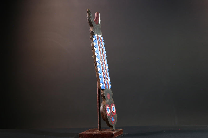 Bwa African mask geometric wall art tribal spirit carving with red blue white pattern from Burkina Faso vertical ceremonial decor-G5435