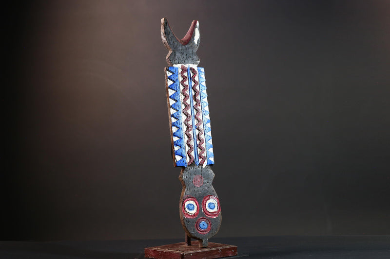 Bwa African mask geometric wall art tribal spirit carving with red blue white pattern from Burkina Faso vertical ceremonial decor-G5435