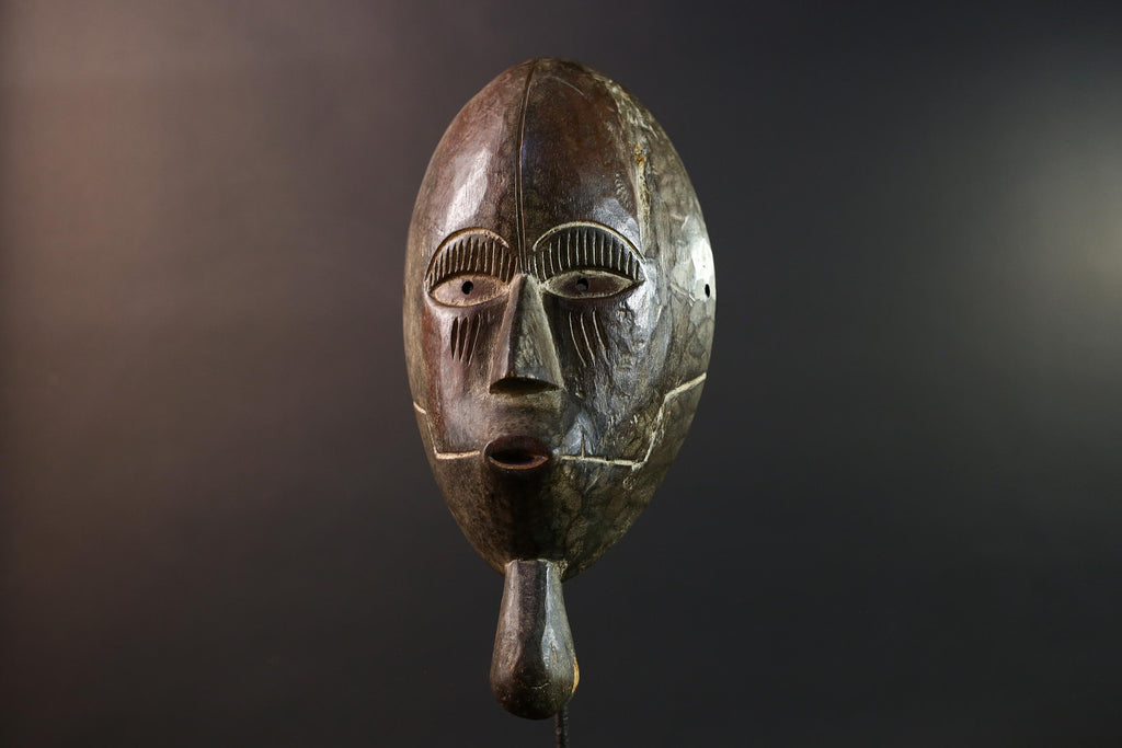 Dan tribal mask African carved wood wall decor with chin extension from Côte d’Ivoire Liberia ceremonial rustic art face carving-G5436
