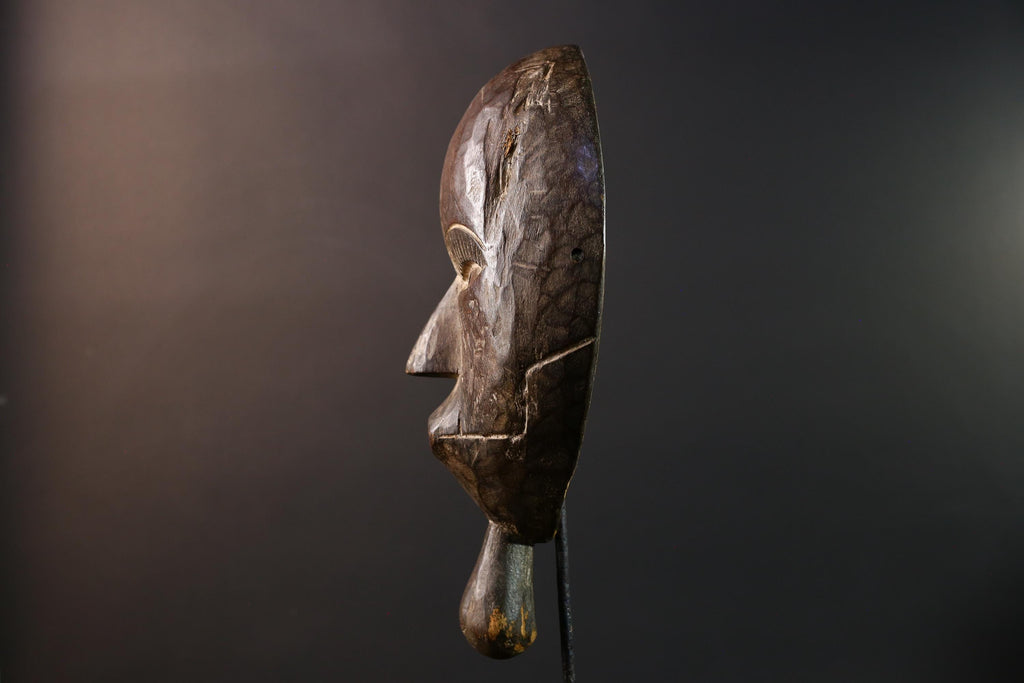Dan tribal mask African carved wood wall decor with chin extension from Côte d’Ivoire Liberia ceremonial rustic art face carving-G5436