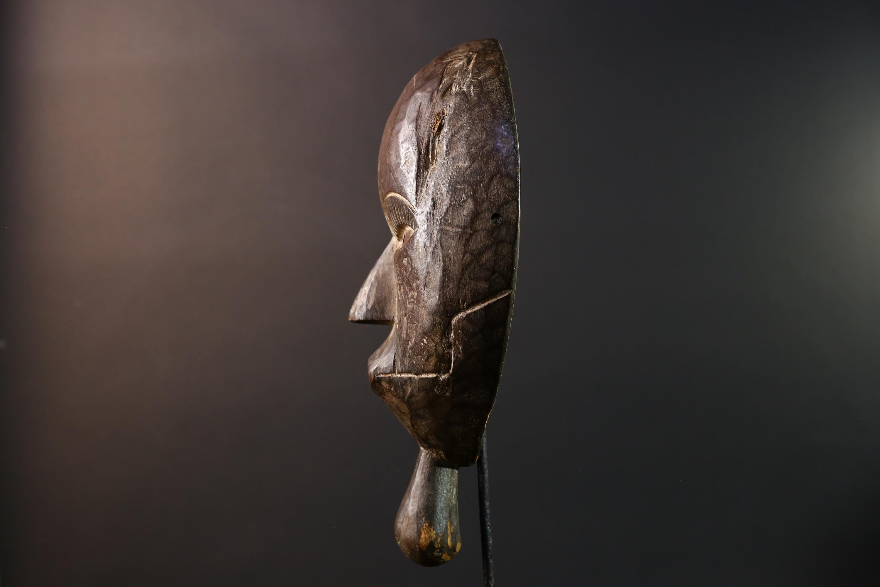 Dan tribal mask African carved wood wall decor with chin extension from Côte d’Ivoire Liberia ceremonial rustic art face carving-G5436