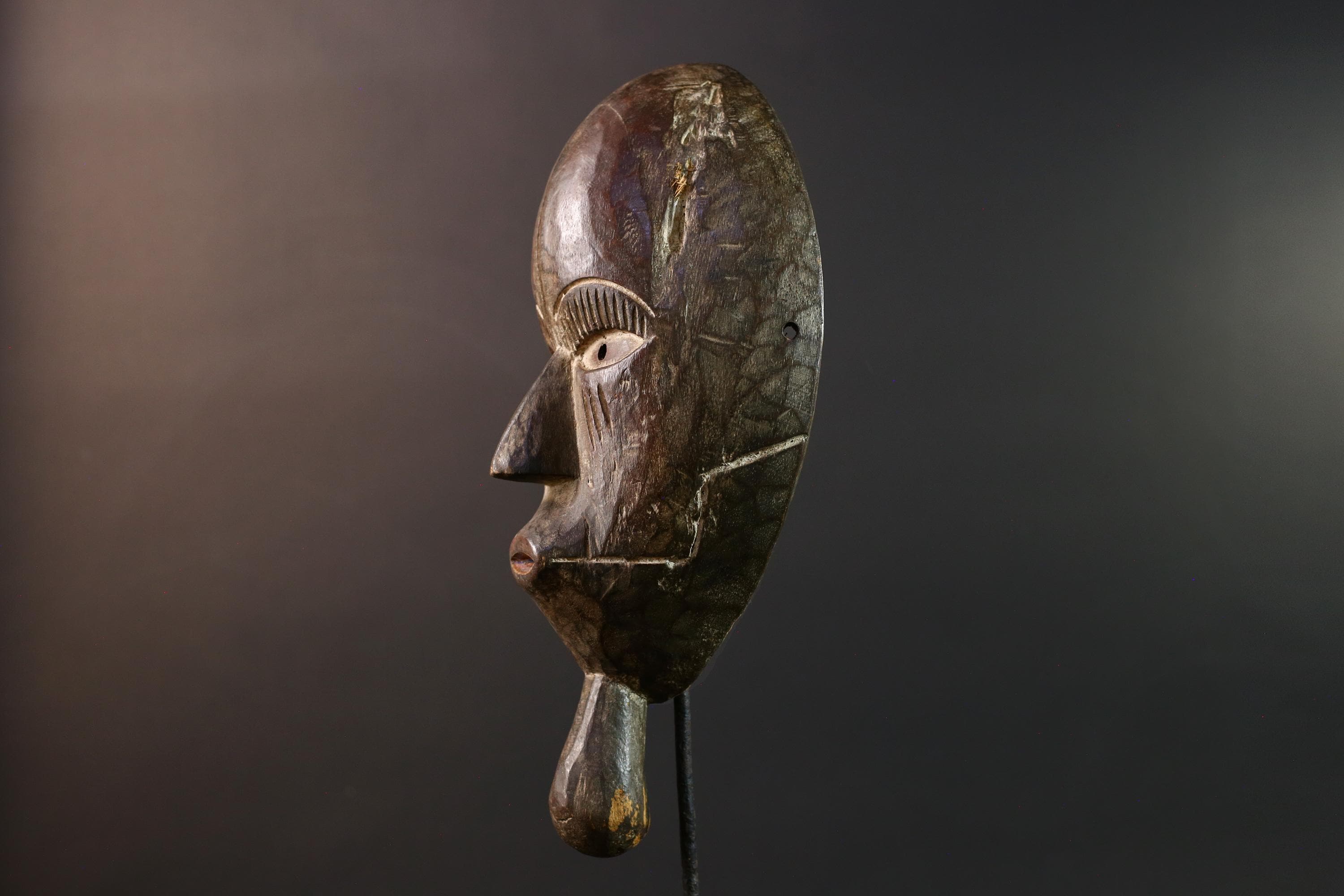 Dan tribal mask African carved wood wall decor with chin extension from Côte d’Ivoire Liberia ceremonial rustic art face carving-G5436