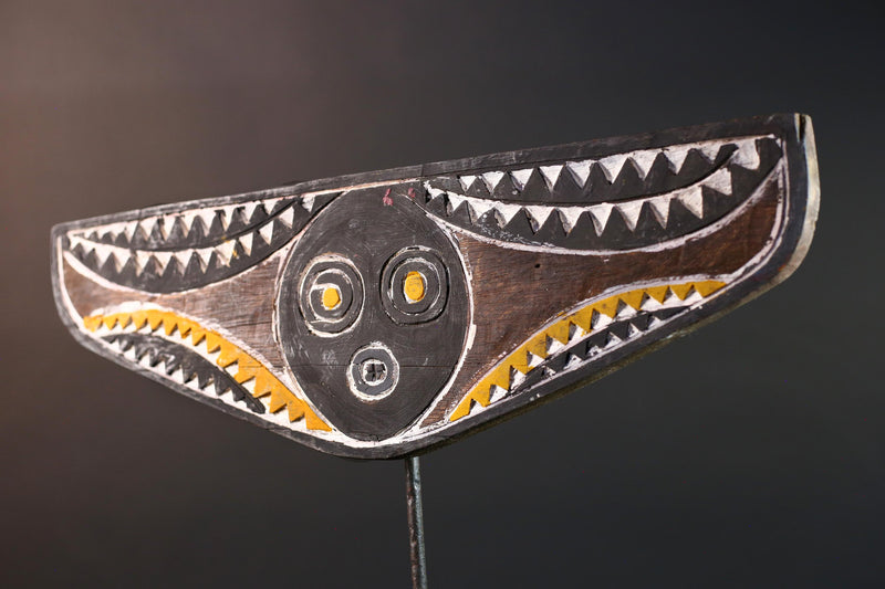 African Bwa mask tribal plank carving yellow white black wall art from Burkina Faso spirit sculpture with zigzag geometric pattern-G5437