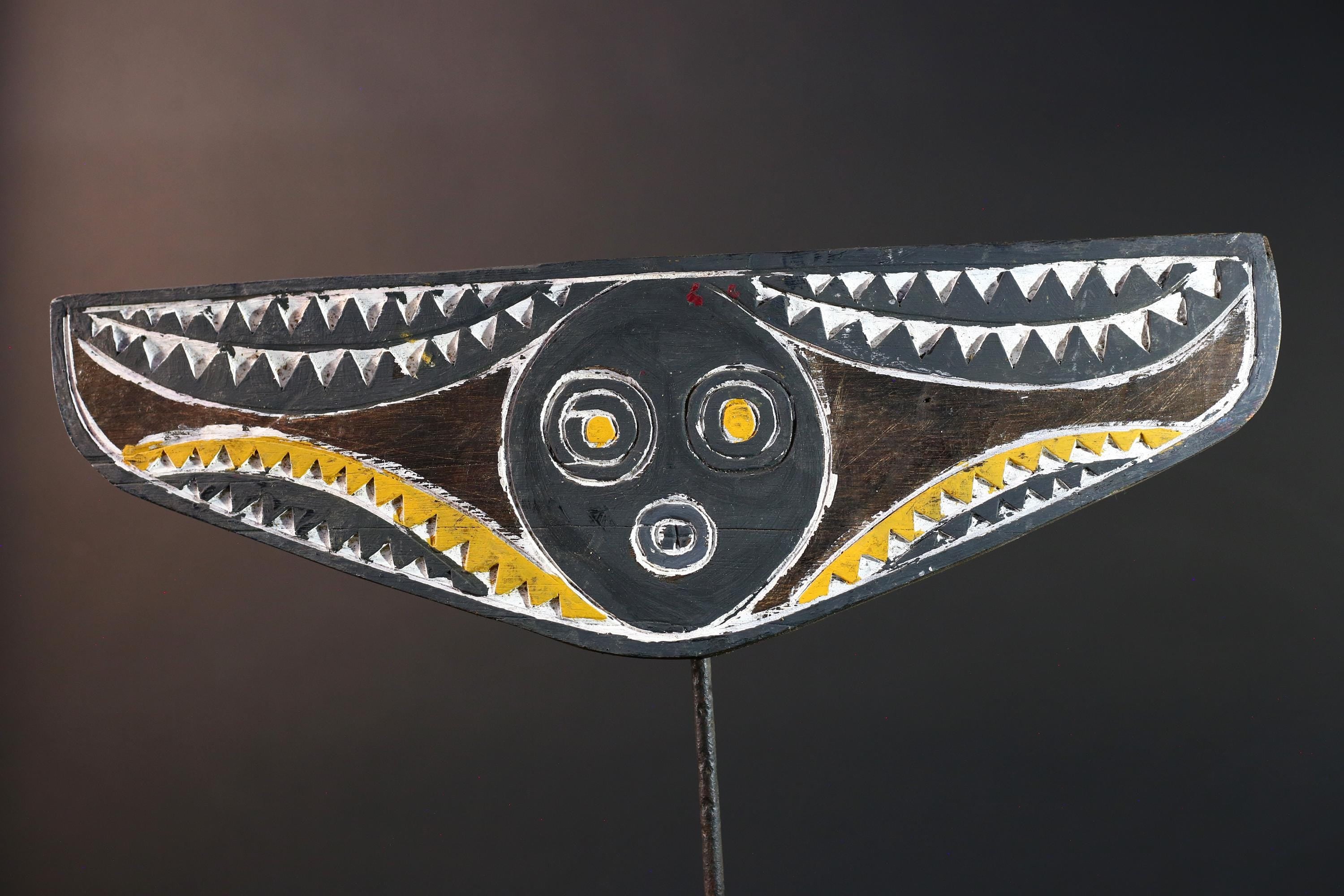 African Bwa mask tribal plank carving yellow white black wall art from Burkina Faso spirit sculpture with zigzag geometric pattern-G5437
