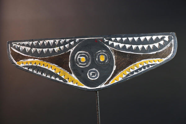 African Bwa mask tribal plank carving yellow white black wall art from Burkina Faso spirit sculpture with zigzag geometric pattern-G5437