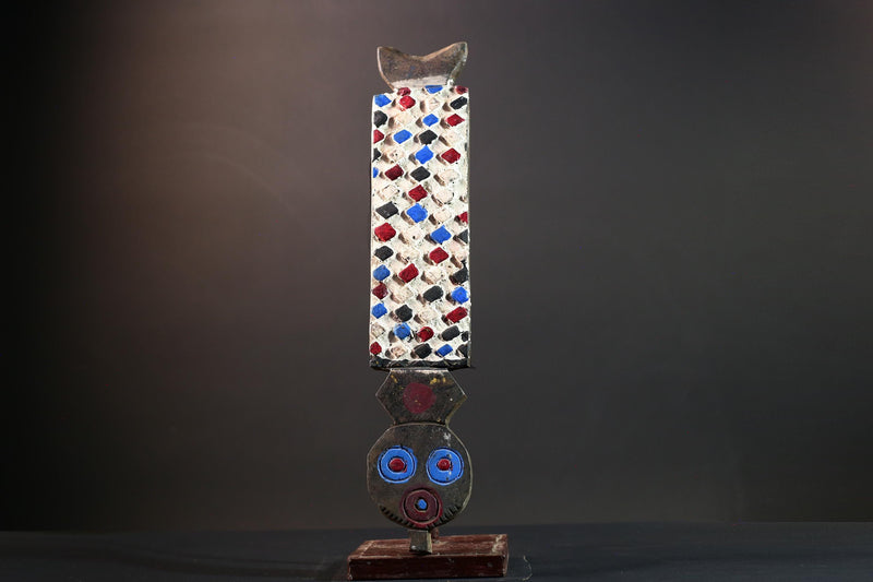 Bwa African mask wall decor with checkerboard carving red blue white spirit panel from Burkina Faso tribal vertical owl face art- G5438