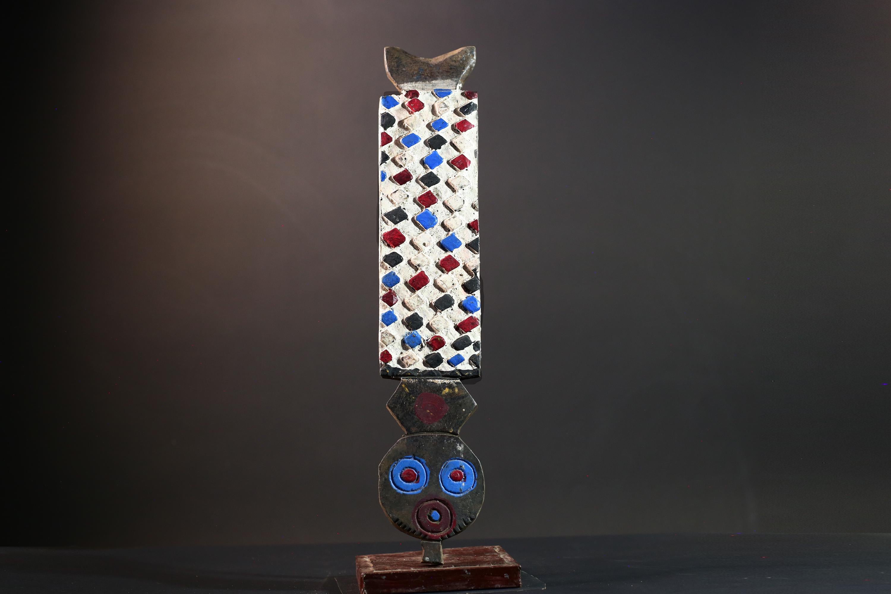 Bwa African mask wall decor with checkerboard carving red blue white spirit panel from Burkina Faso tribal vertical owl face art- G5438
