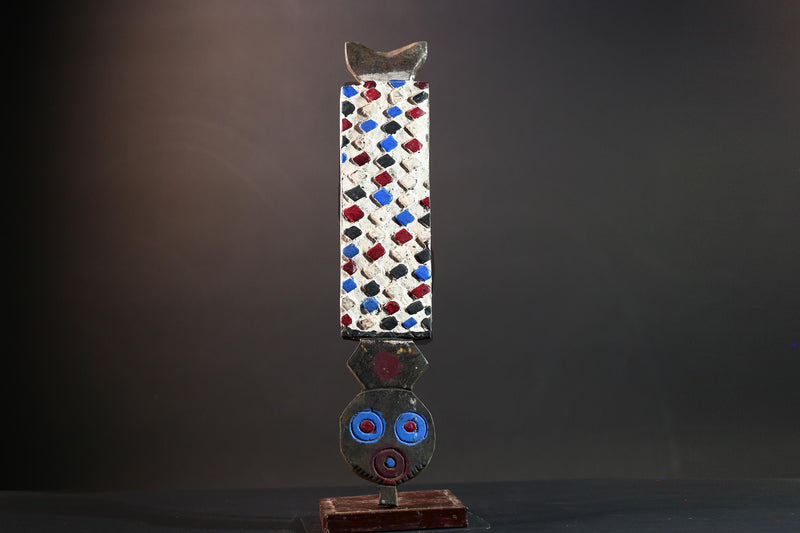 Bwa African mask wall decor with checkerboard carving red blue white spirit panel from Burkina Faso tribal vertical owl face art- G5438