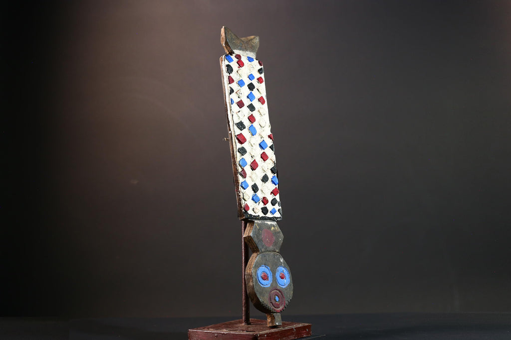 Bwa African mask wall decor with checkerboard carving red blue white spirit panel from Burkina Faso tribal vertical owl face art- G5438