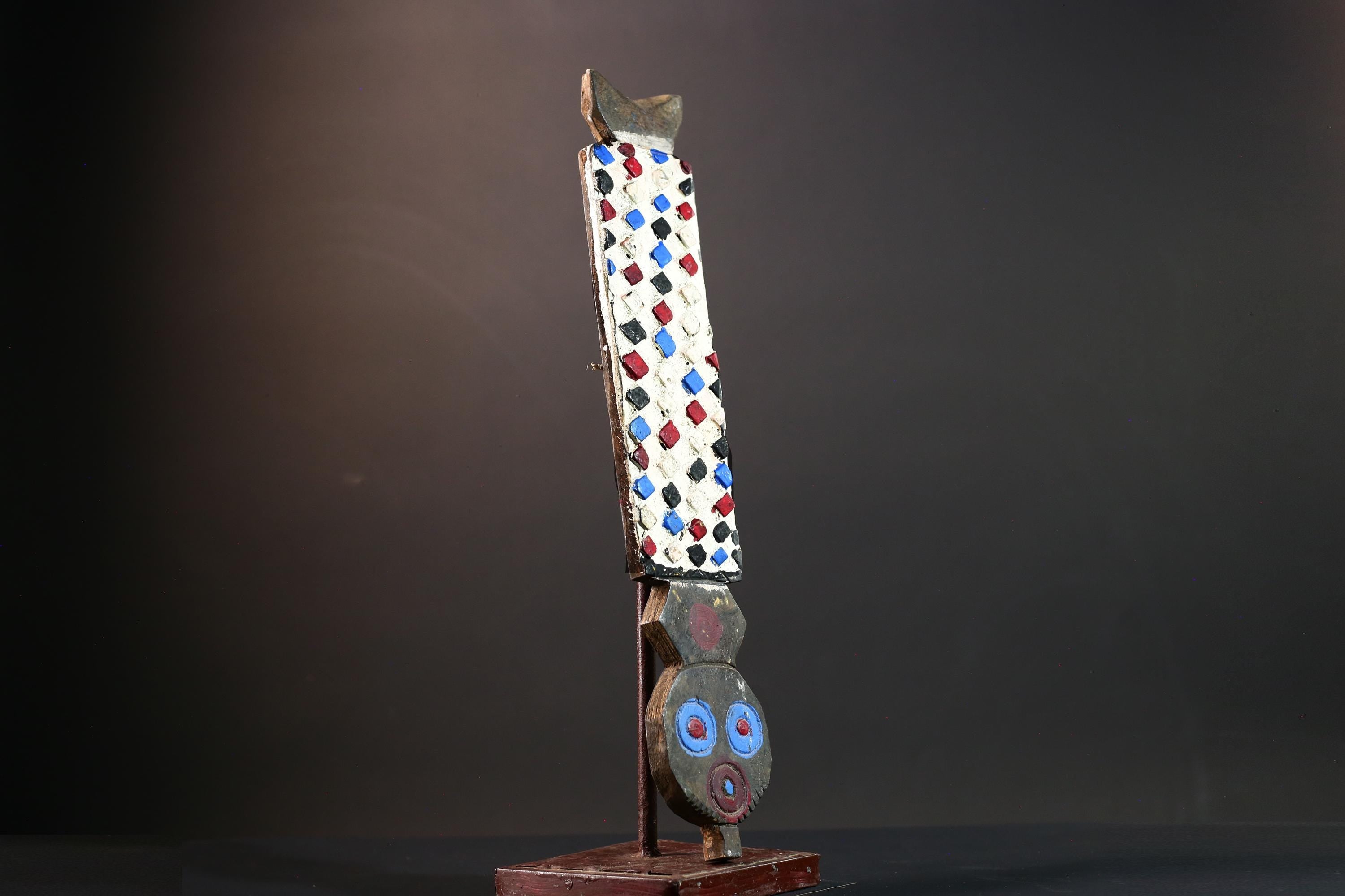 Bwa African mask wall decor with checkerboard carving red blue white spirit panel from Burkina Faso tribal vertical owl face art- G5438