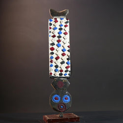 Bwa African mask wall decor with checkerboard carving red blue white spirit panel from Burkina Faso tribal vertical owl face art- G5438