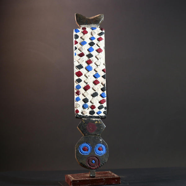 Bwa African mask wall decor with checkerboard carving red blue white spirit panel from Burkina Faso tribal vertical owl face art- G5438