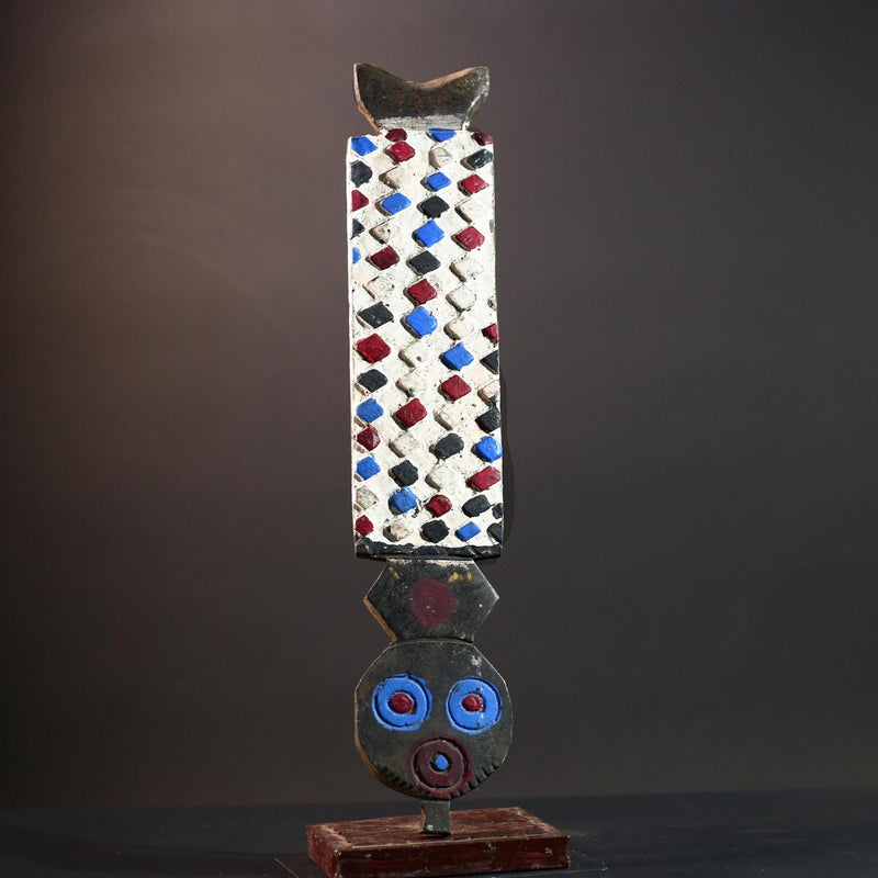 Bwa African mask wall decor with checkerboard carving red blue white spirit panel from Burkina Faso tribal vertical owl face art- G5438