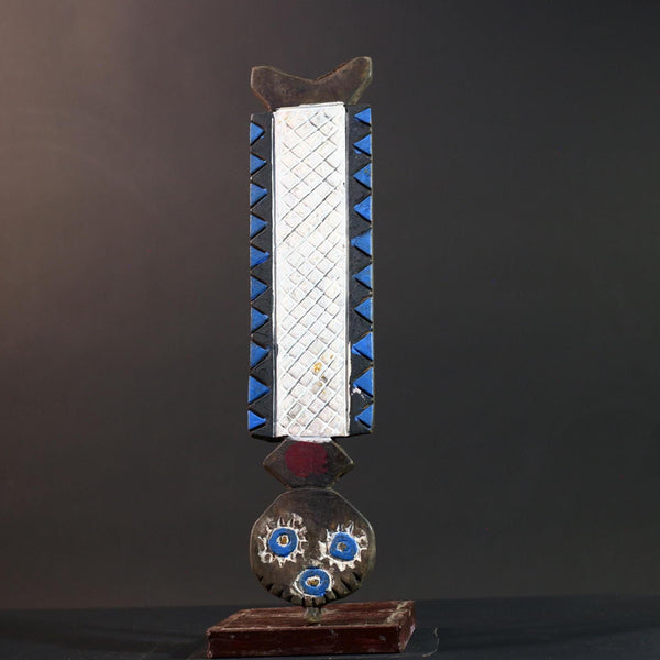Bwa tribal spirit mask African carved wood wall decor with white grid panel and blue detail from Burkina Faso vertical owl face art- G5439