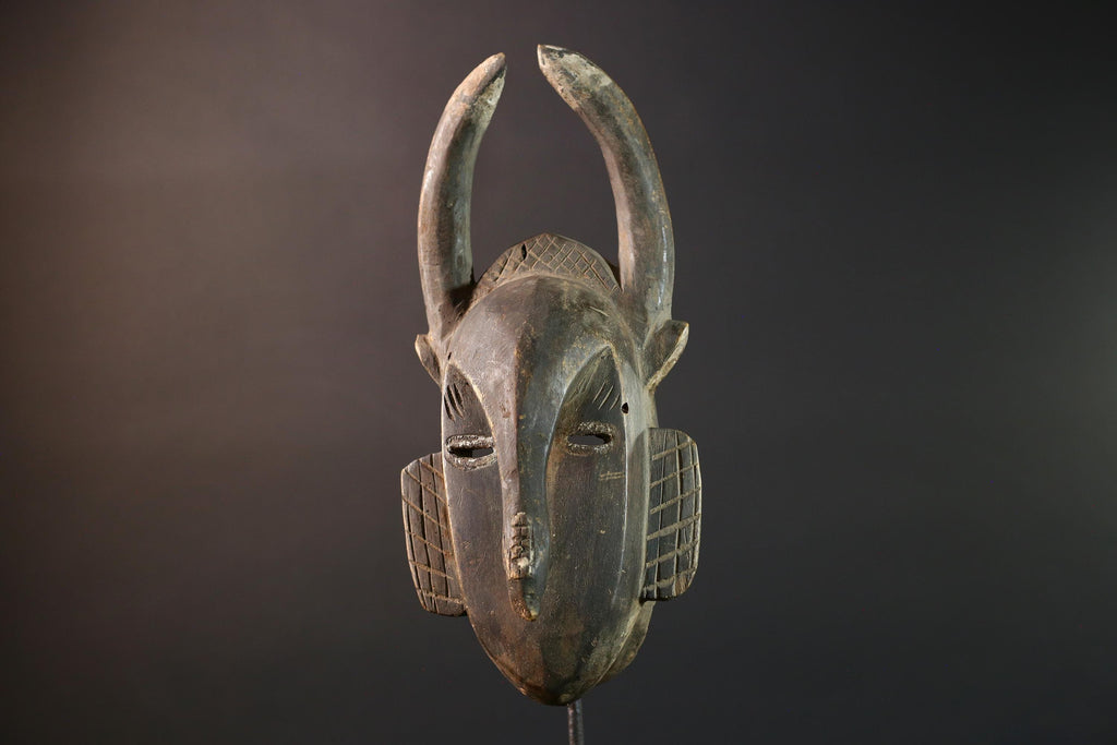 Baule African mask with antelope horns tribal face carving from Côte d’Ivoire wood wall art spiritual sculpture handmade decor- G5440