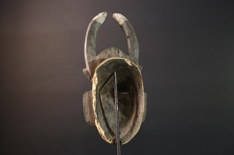 Baule African mask with antelope horns tribal face carving from Côte d’Ivoire wood wall art spiritual sculpture handmade decor- G5440