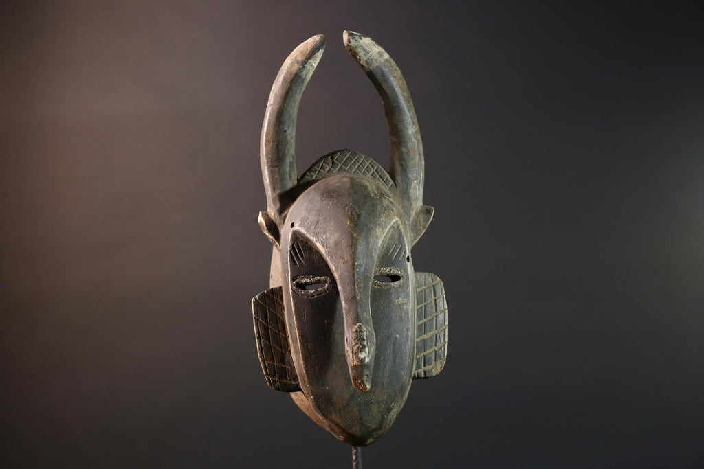 Baule African mask with antelope horns tribal face carving from Côte d’Ivoire wood wall art spiritual sculpture handmade decor- G5440