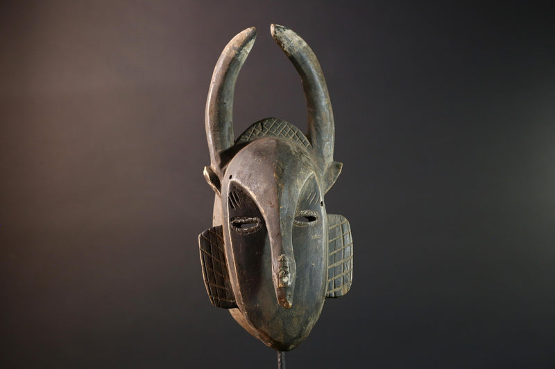 Baule African mask with antelope horns tribal face carving from Côte d’Ivoire wood wall art spiritual sculpture handmade decor- G5440