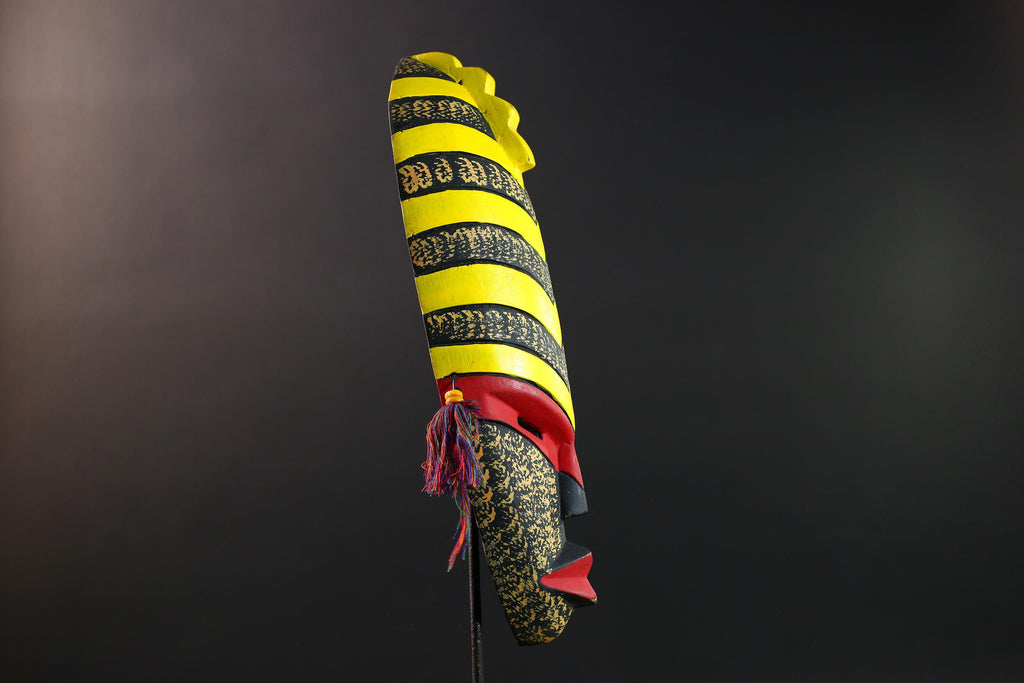 African tribal mask yellow black chevron face carving with red eyes and side tassels from Gabon or Congo handmade wall decor art- G5441
