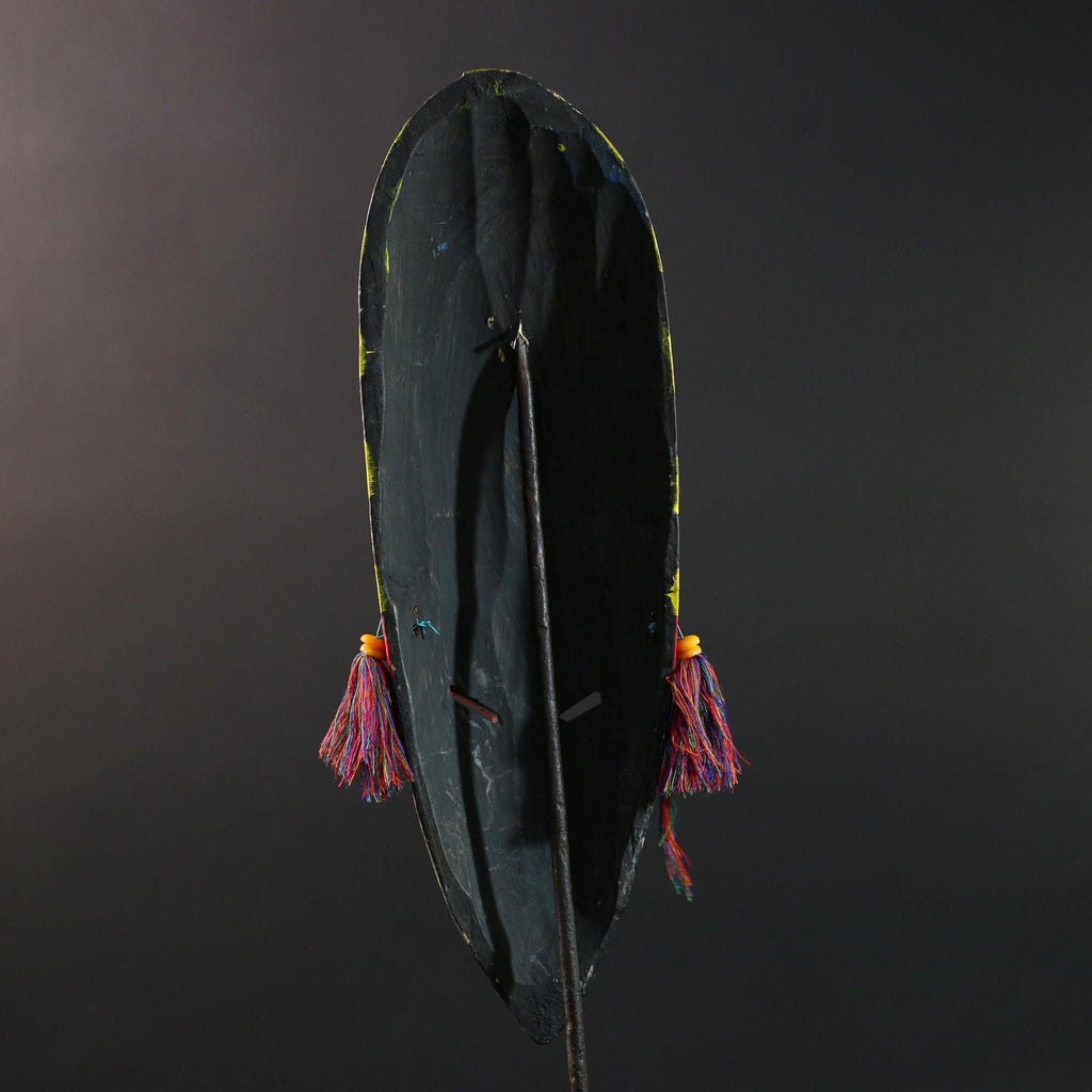 African tribal mask yellow black chevron face carving with red eyes and side tassels from Gabon or Congo handmade wall decor art- G5441