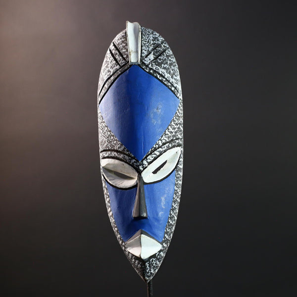 african wood mask punu style wall decor handcarved tribal mask blue white african art wall hanging carved african face mask figure-G5444