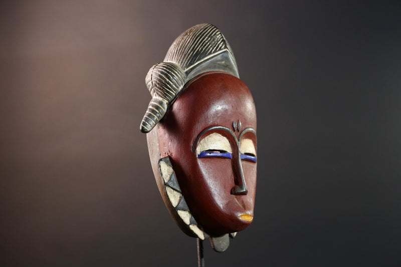 african wall mask baule kpelie face carving tribal art ivory coast decor handcarved fertility sculpture spiritual wood figure- G5446