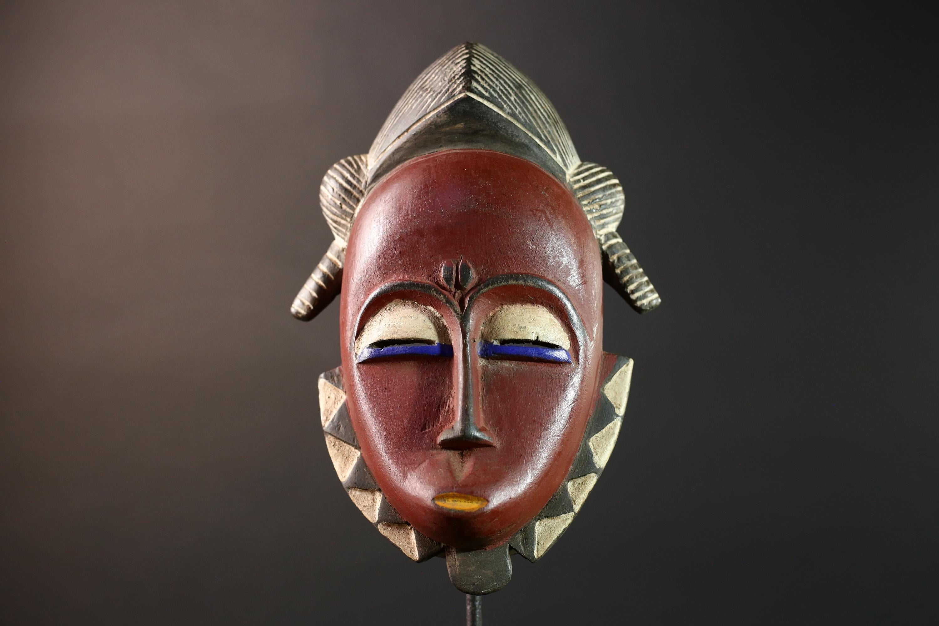 african wall mask baule kpelie face carving tribal art ivory coast decor handcarved fertility sculpture spiritual wood figure- G5446
