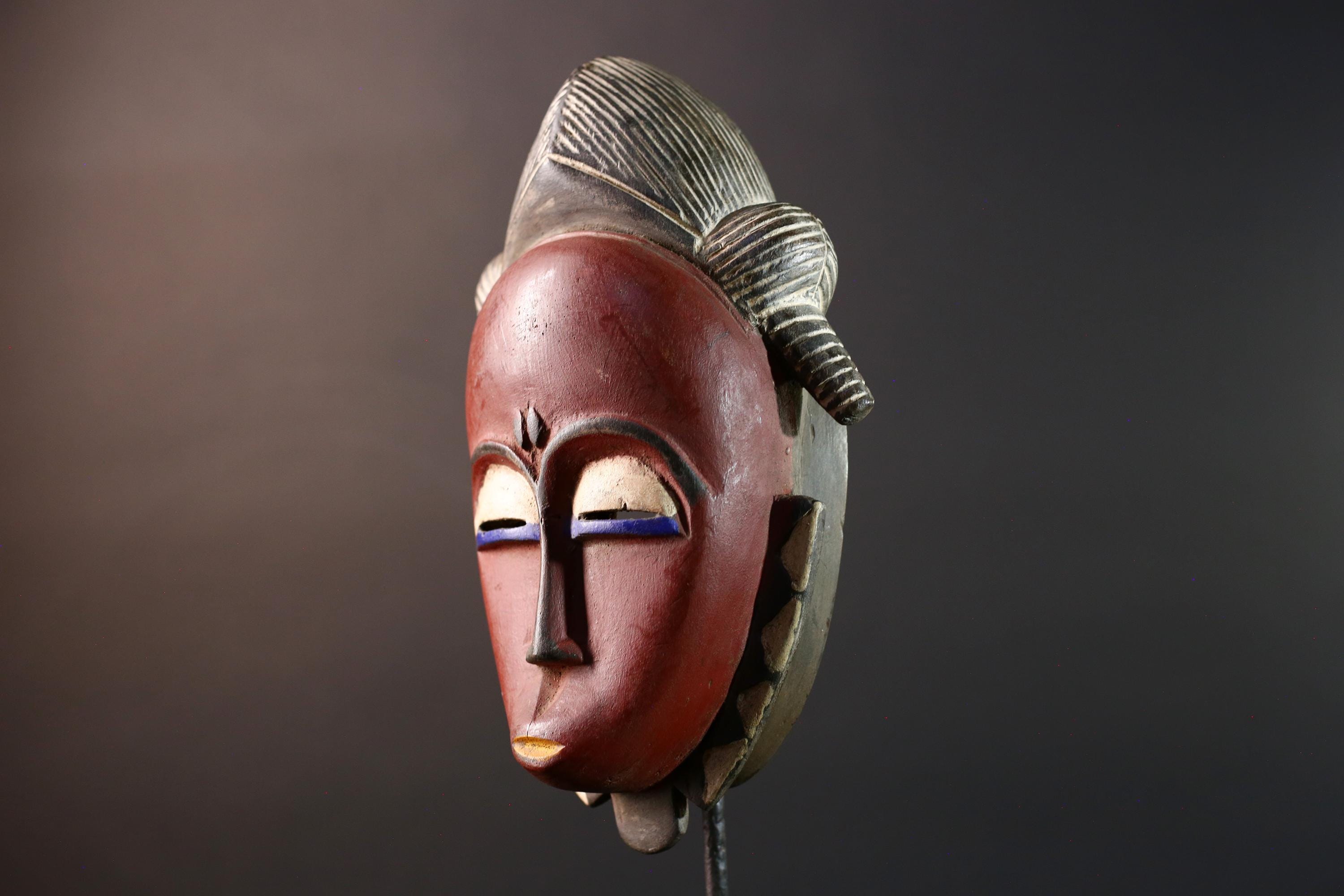african wall mask baule kpelie face carving tribal art ivory coast decor handcarved fertility sculpture spiritual wood figure- G5446