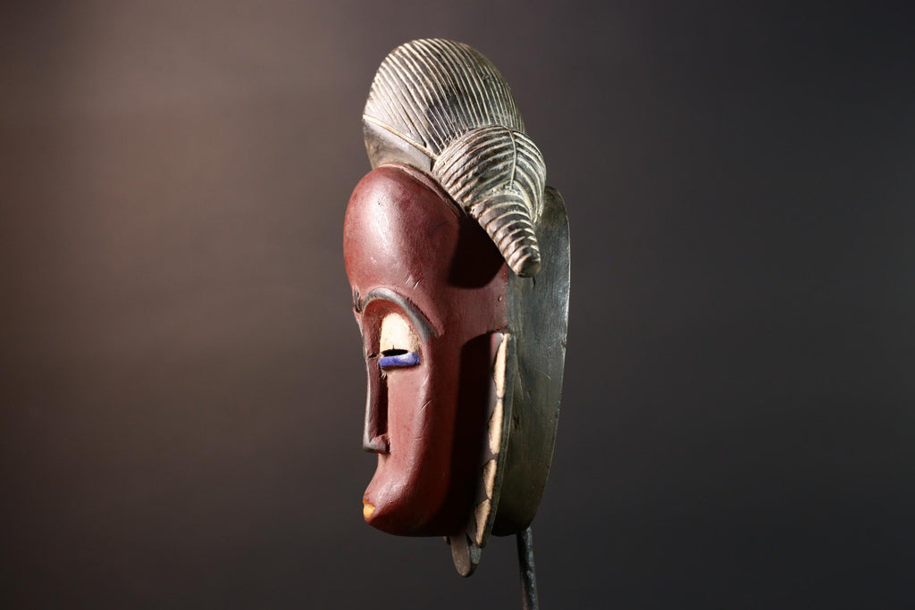 african wall mask baule kpelie face carving tribal art ivory coast decor handcarved fertility sculpture spiritual wood figure- G5446