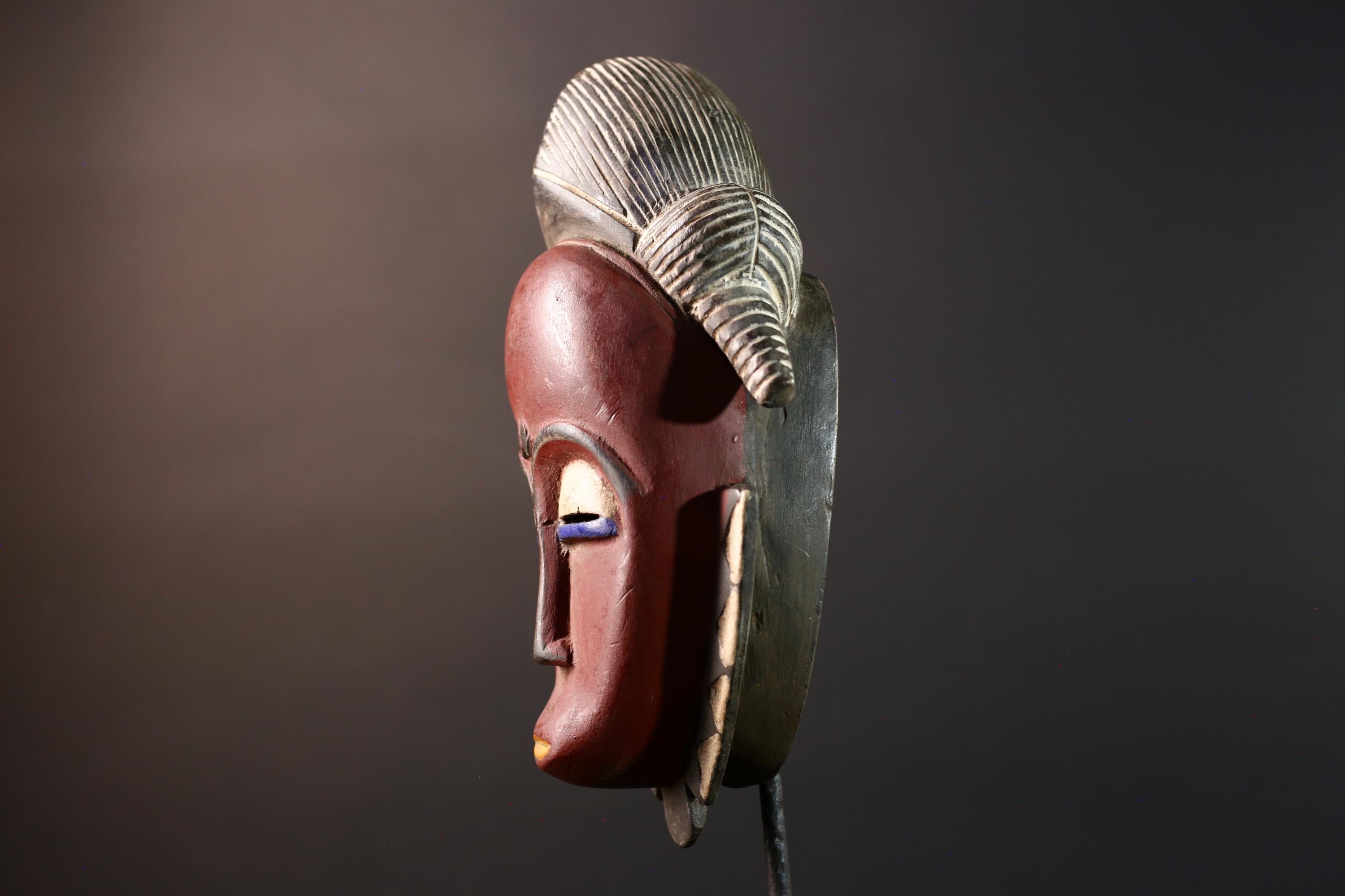 african wall mask baule kpelie face carving tribal art ivory coast decor handcarved fertility sculpture spiritual wood figure- G5446
