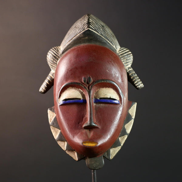 african wall mask baule kpelie face carving tribal art ivory coast decor handcarved fertility sculpture spiritual wood figure- G5446