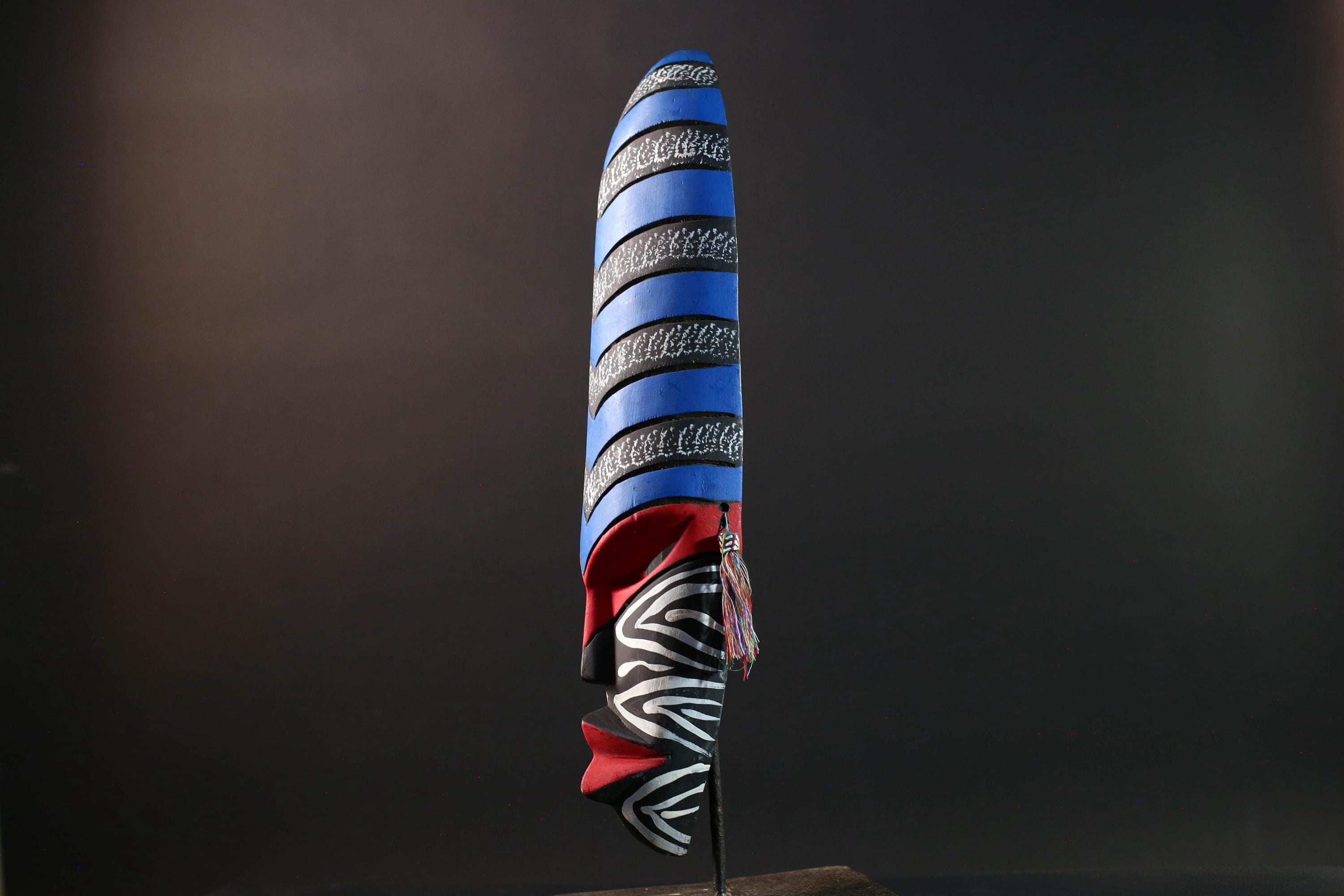 african wall mask geometric long face tribal decor hand painted art abstract spirit carving bold stripe pattern wall sculpture-G5449