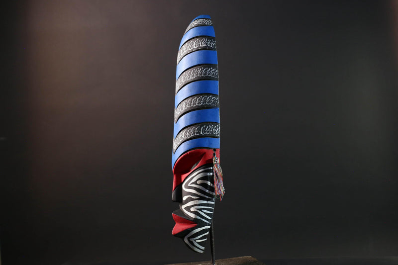 african wall mask geometric long face tribal decor hand painted art abstract spirit carving bold stripe pattern wall sculpture-G5449