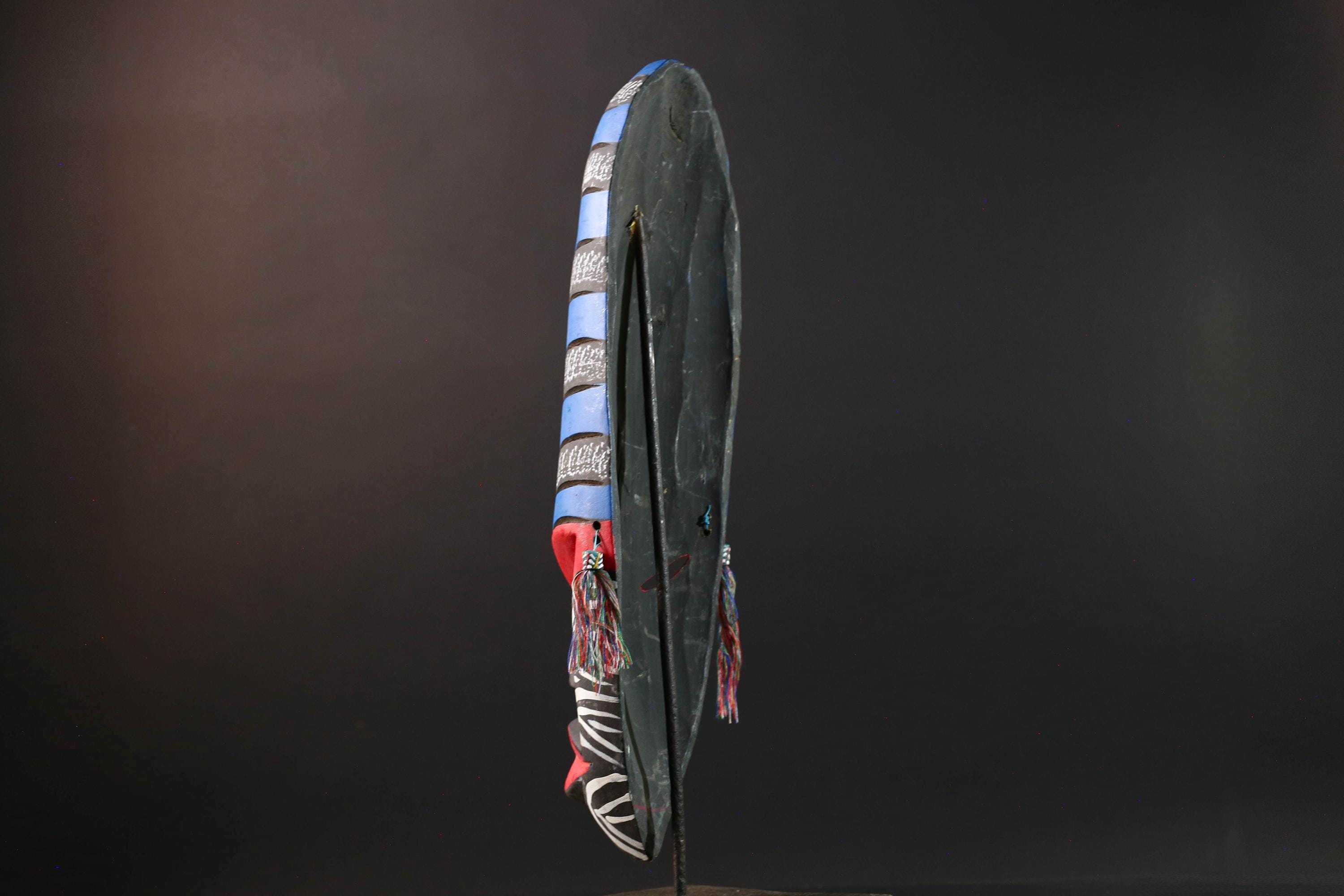 african wall mask geometric long face tribal decor hand painted art abstract spirit carving bold stripe pattern wall sculpture-G5449