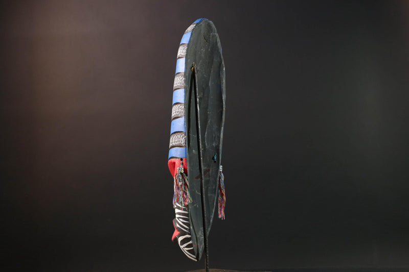 african wall mask geometric long face tribal decor hand painted art abstract spirit carving bold stripe pattern wall sculpture-G5449